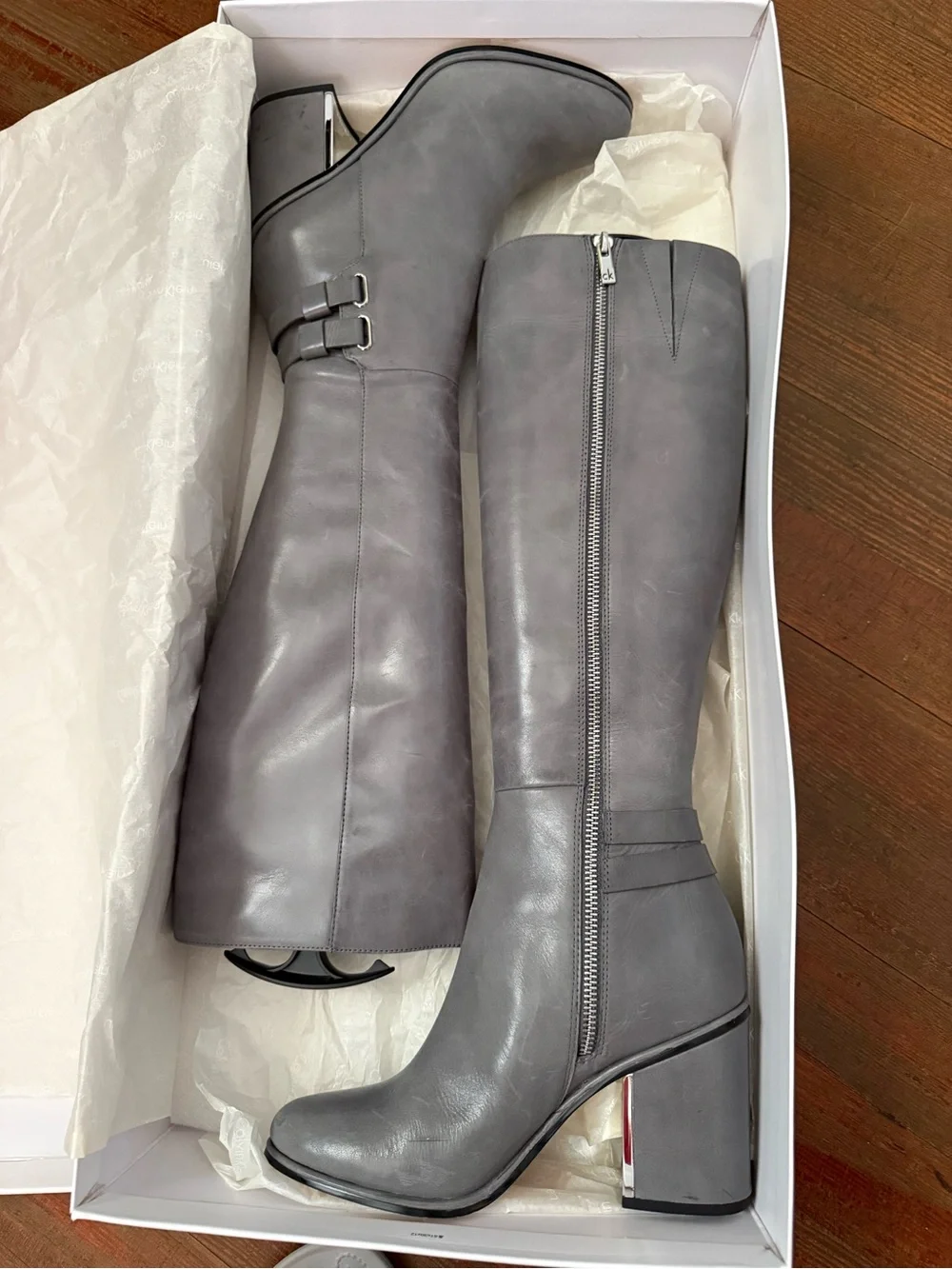 Calvin Klein Gray Leather Knee-High Block Heel Boots